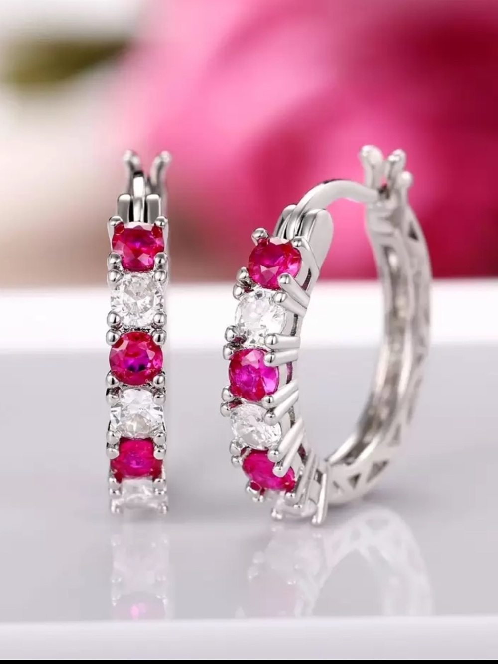 Hot Pink & Cz Diamond Hoop Earrings